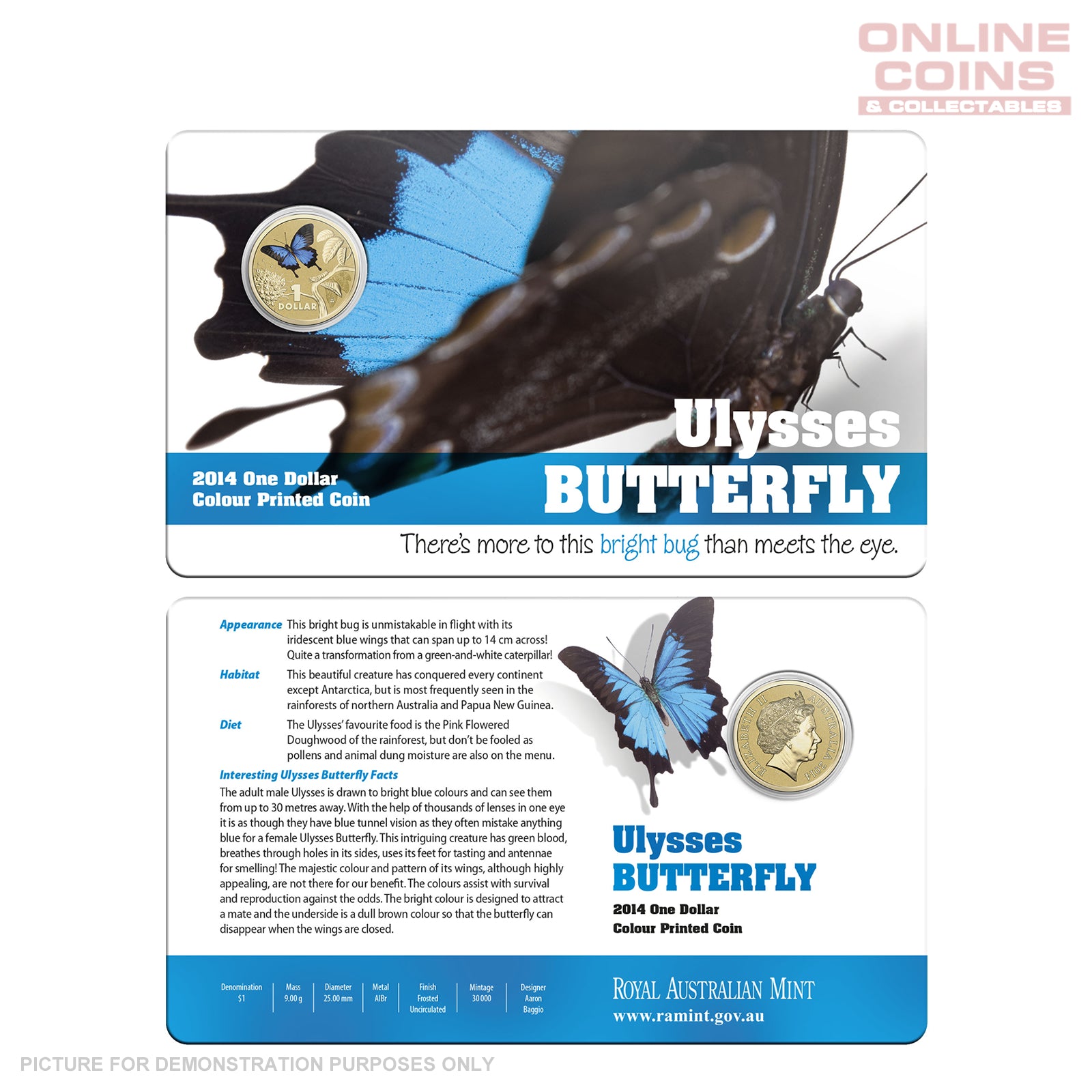 2014 Royal Australian Mint - Bright Bugs - Ulysses Butterfly - Uncirculated $1 Carded Coin